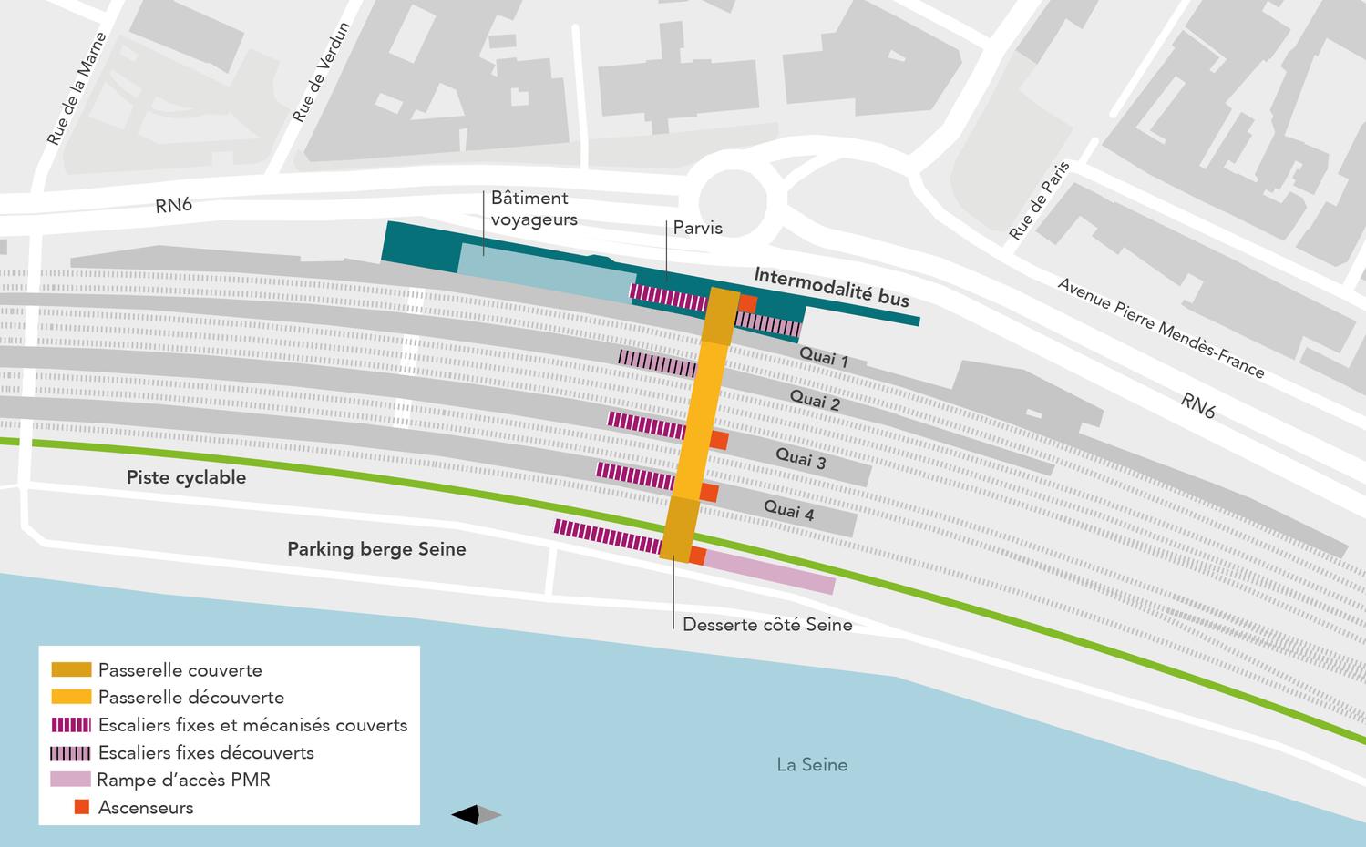 Illustration : schéma des aménagements envisagés pour la passerelle piétonne